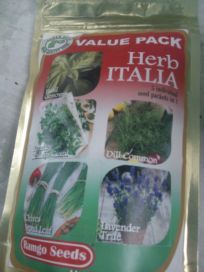 our seed pack basil, dill, parsley, lavender and chives with a free arugula seed pack too :-0